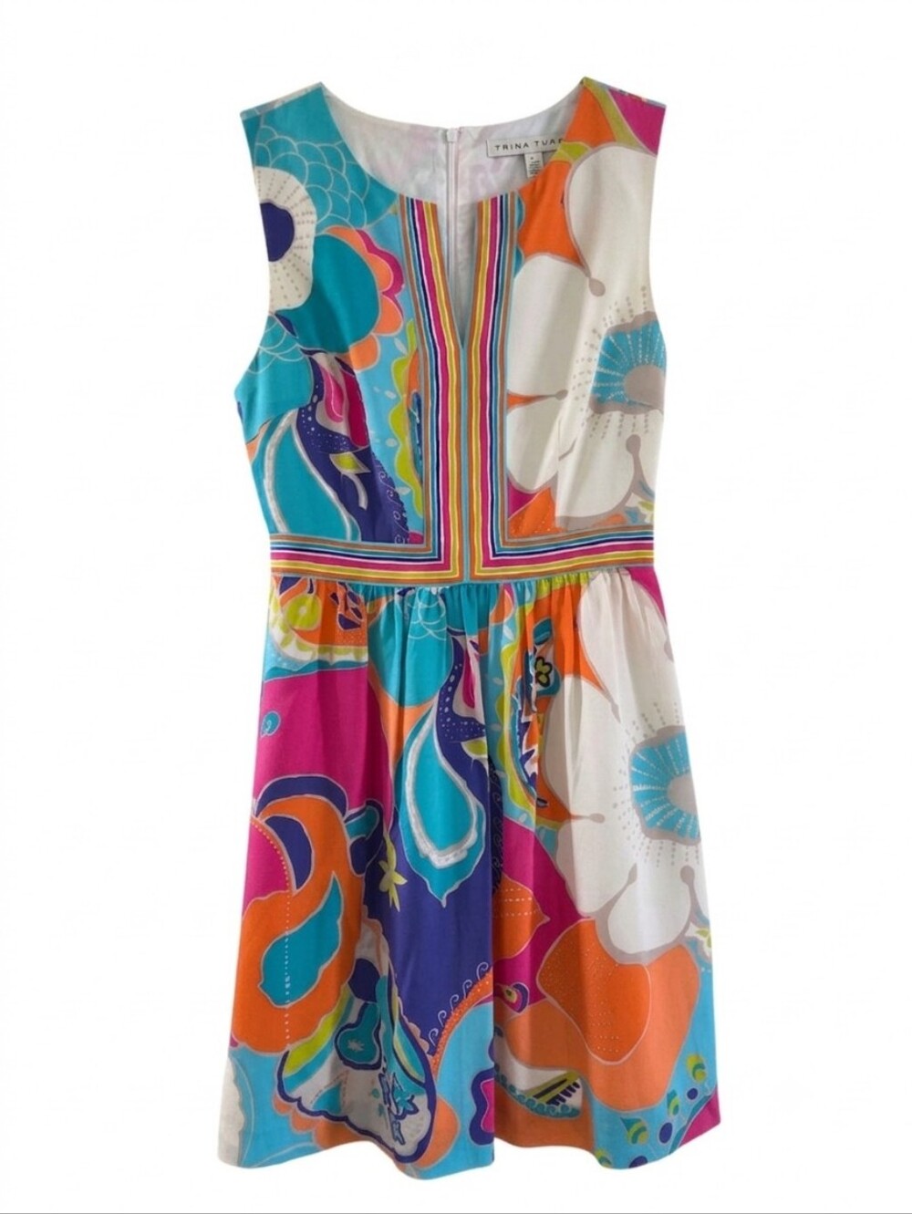 Trina Turk 100% Silk Vibrant Floral Split-Neck Mini Dress Size 6 - Picture 4 of 11